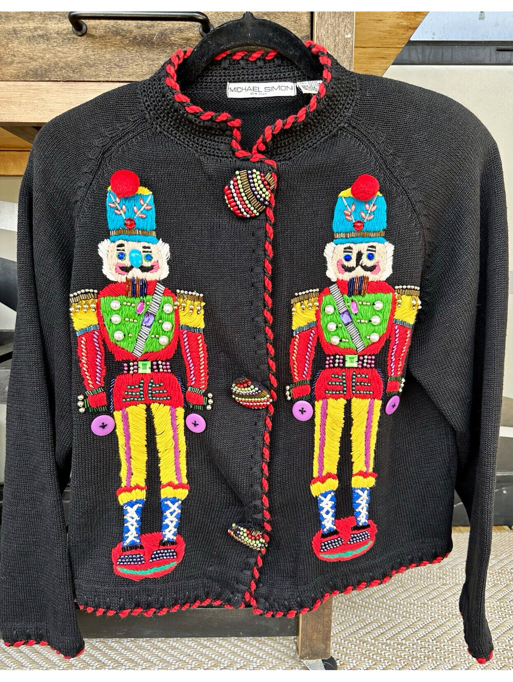 Vintage Michael Simon Women’s L Knit Cardigan Sweater Beaded Nutcracker
